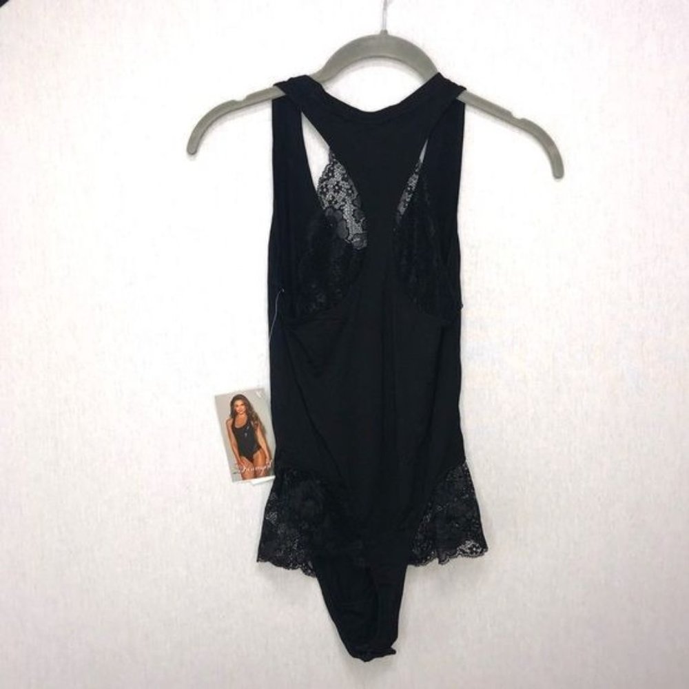 Soft Black Jersey Racerback Bodysuit, lace trim - Picture 4 of 9